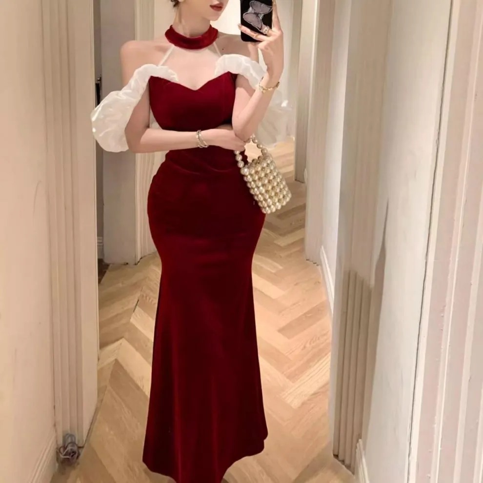 French Style Temperament Ladies Banquet Evening Dress Dress off-Shoulder Sexy Halter Dress Slim-Fit Sheath Dress for Women