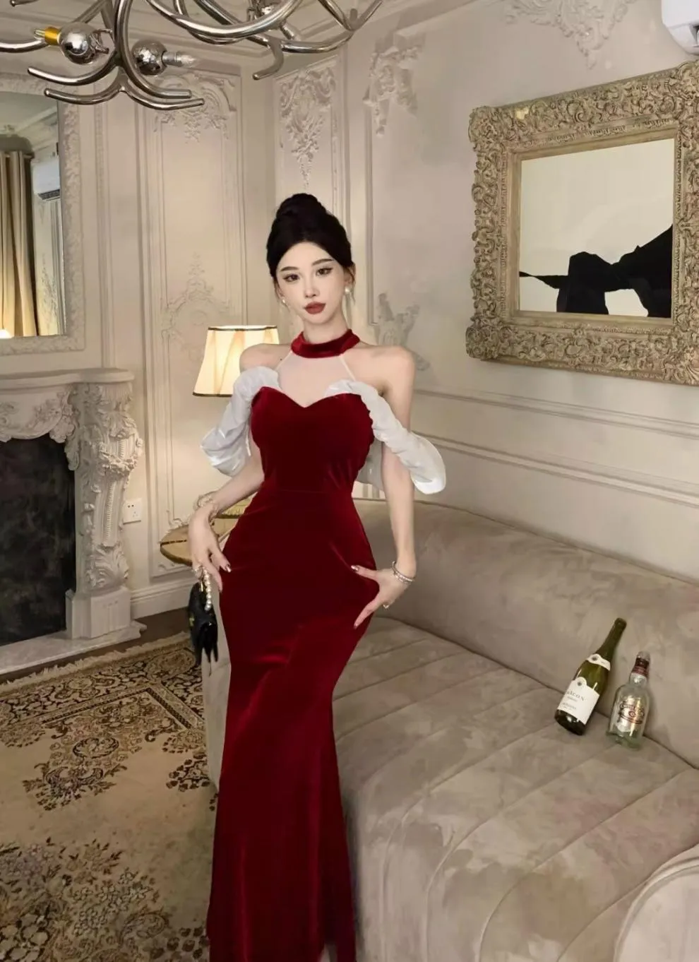 French Style Temperament Ladies Banquet Evening Dress Dress off-Shoulder Sexy Halter Dress Slim-Fit Sheath Dress for Women