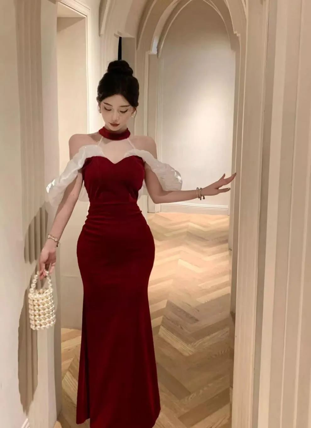 French Style Temperament Ladies Banquet Evening Dress Dress off-Shoulder Sexy Halter Dress Slim-Fit Sheath Dress for Women