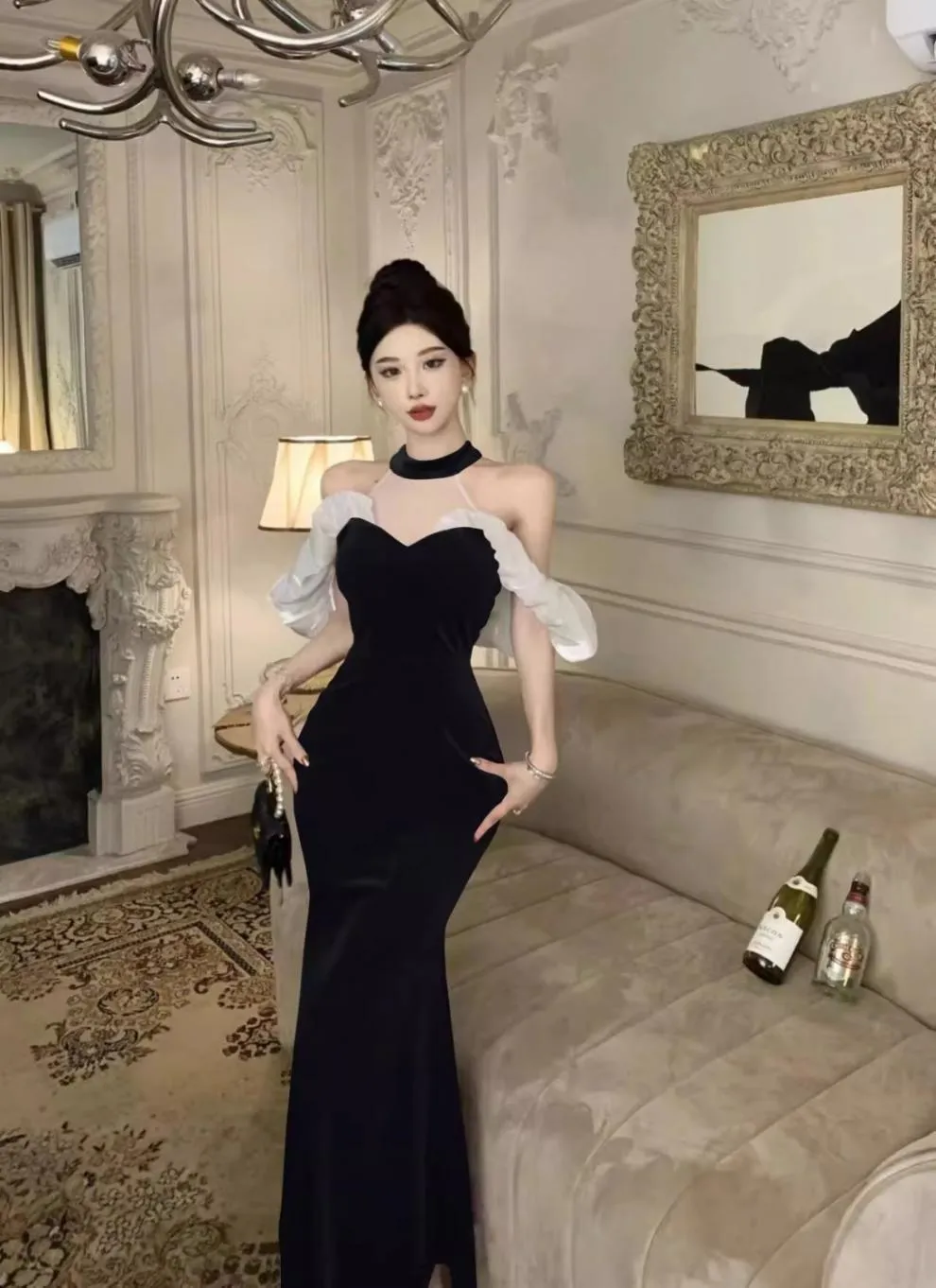 French Style Temperament Ladies Banquet Evening Dress Dress off-Shoulder Sexy Halter Dress Slim-Fit Sheath Dress for Women