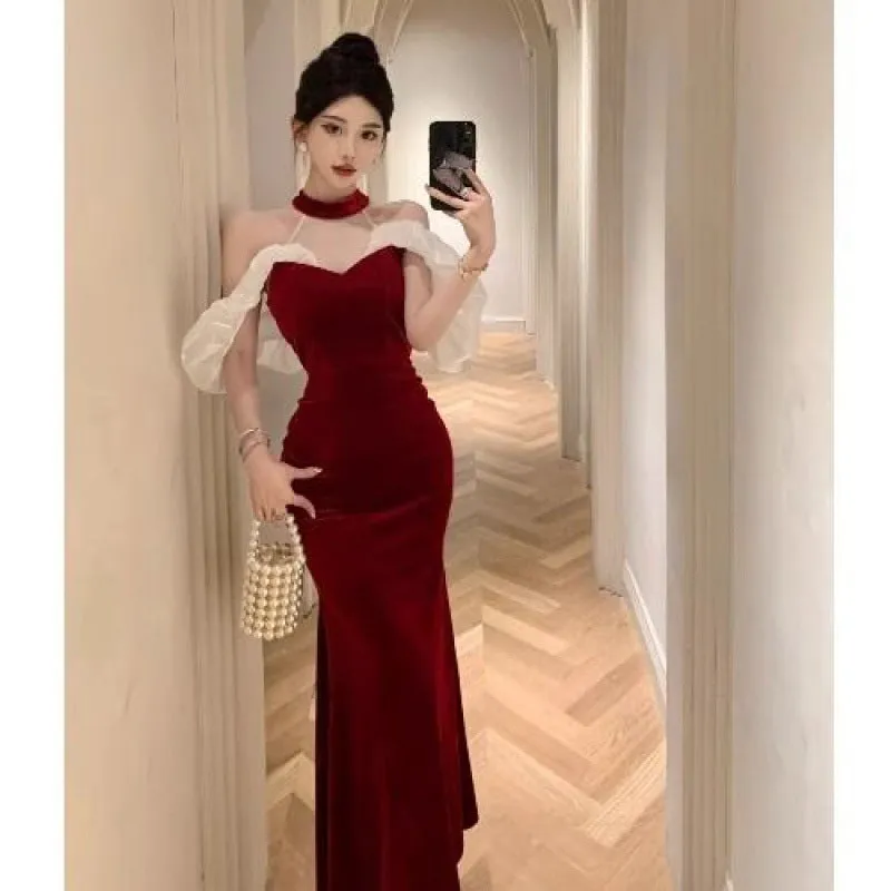 French Style Temperament Ladies Banquet Evening Dress Dress off-Shoulder Sexy Halter Dress Slim-Fit Sheath Dress for Women