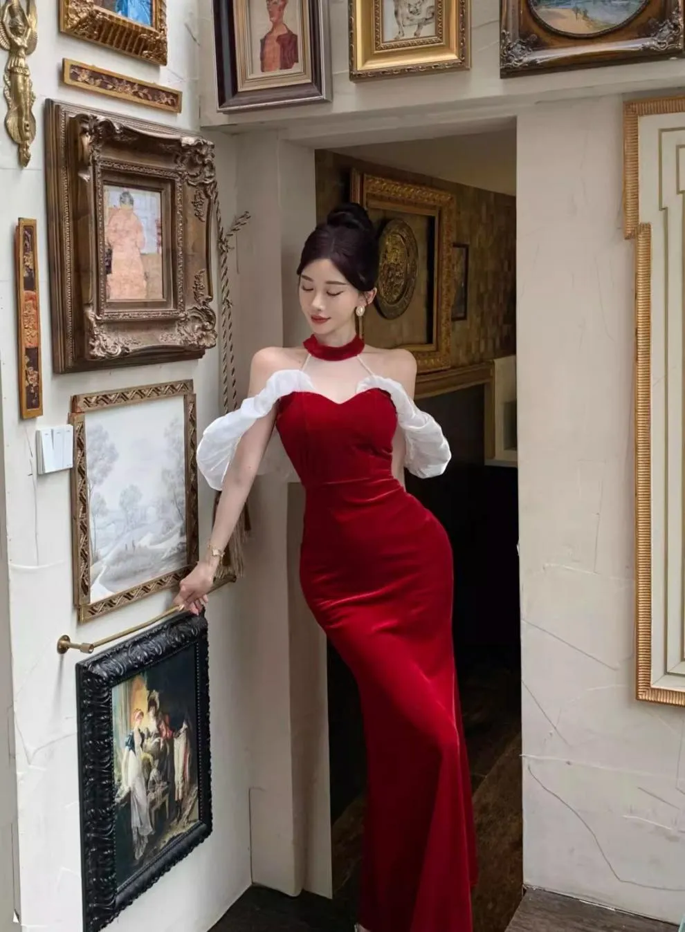 French Style Temperament Ladies Banquet Evening Dress Dress off-Shoulder Sexy Halter Dress Slim-Fit Sheath Dress for Women