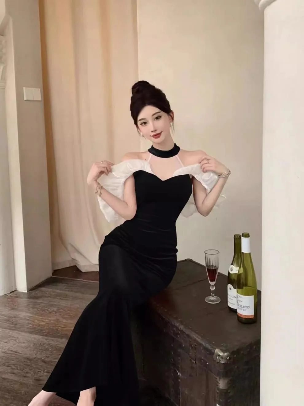 French Style Temperament Ladies Banquet Evening Dress Dress off-Shoulder Sexy Halter Dress Slim-Fit Sheath Dress for Women