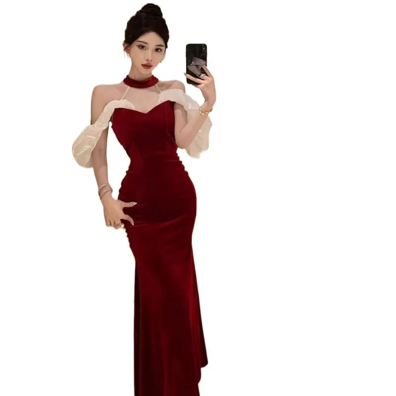 French Style Temperament Ladies Banquet Evening Dress Dress off-Shoulder Sexy Halter Dress Slim-Fit Sheath Dress for Women