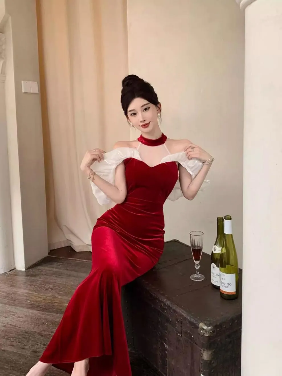 French Style Temperament Ladies Banquet Evening Dress Dress off-Shoulder Sexy Halter Dress Slim-Fit Sheath Dress for Women