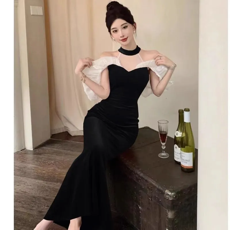 French Style Temperament Ladies Banquet Evening Dress Dress off-Shoulder Sexy Halter Dress Slim-Fit Sheath Dress for Women