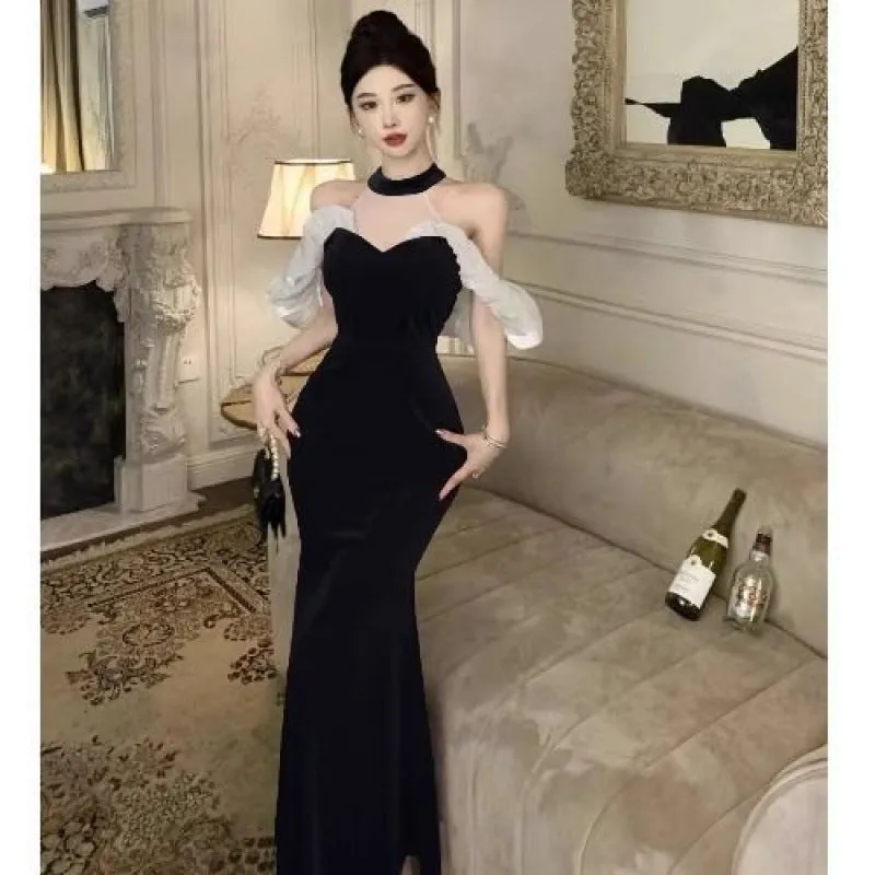French Style Temperament Ladies Banquet Evening Dress Dress off-Shoulder Sexy Halter Dress Slim-Fit Sheath Dress for Women