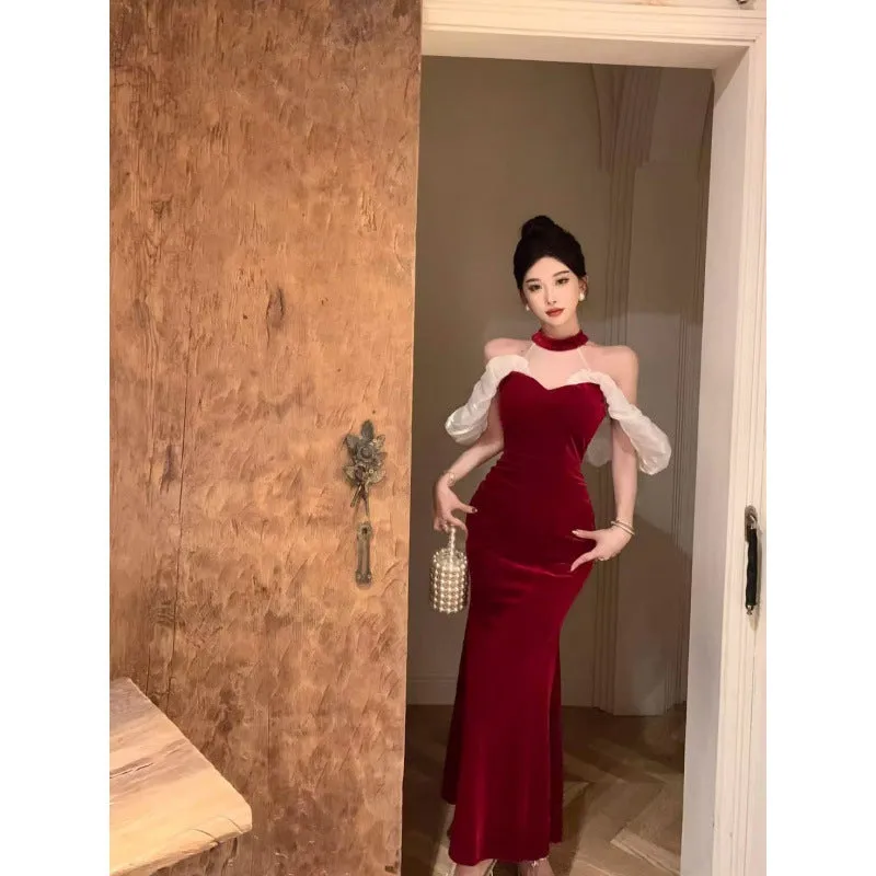 French Style Temperament Ladies Banquet Evening Dress Dress off-Shoulder Sexy Halter Dress Slim-Fit Sheath Dress for Women
