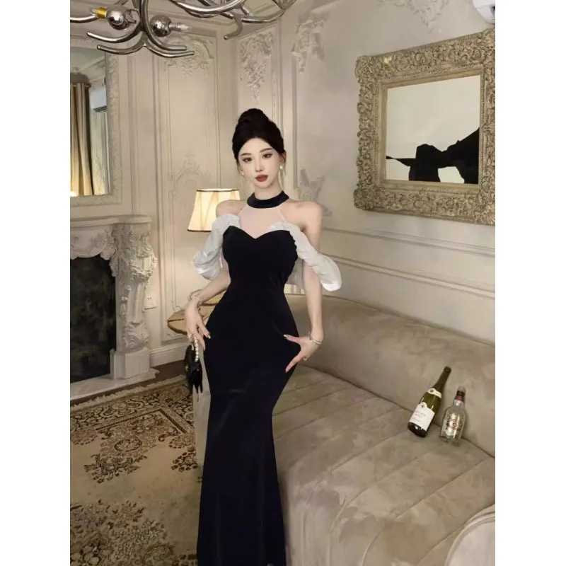French Style Temperament Ladies Banquet Evening Dress Dress off-Shoulder Sexy Halter Dress Slim-Fit Sheath Dress for Women