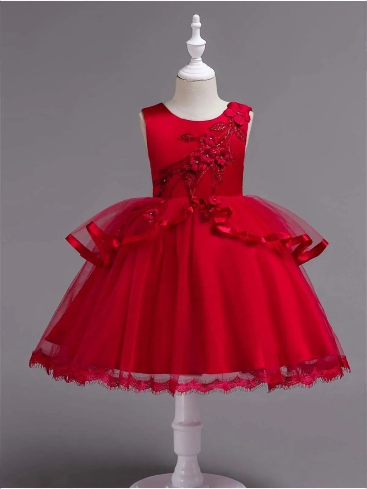 Girls Sleeveless Flower Applique Tiered Ruffle Special Occasion Dress