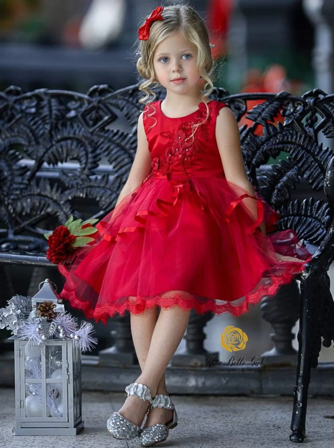 Girls Sleeveless Flower Applique Tiered Ruffle Special Occasion Dress