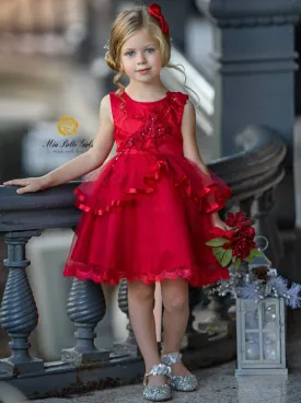 Girls Sleeveless Flower Applique Tiered Ruffle Special Occasion Dress