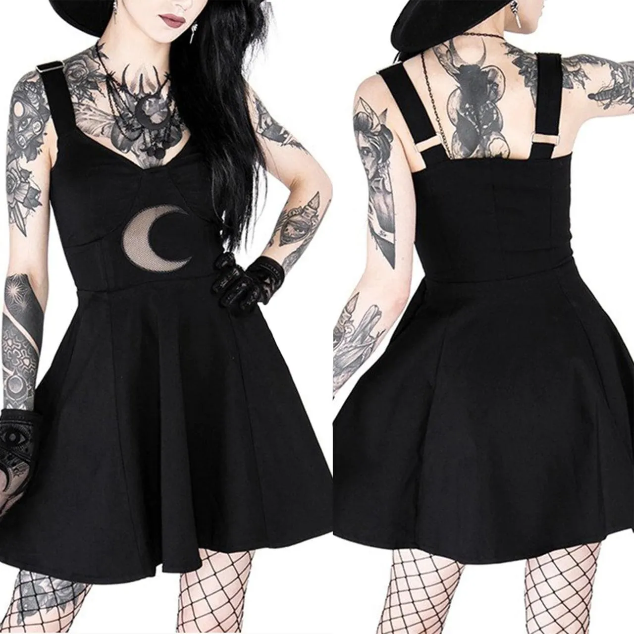 Gothic Moon Lace Black Dress, Elegant Witchy Sleeveless Mini Dress For Women