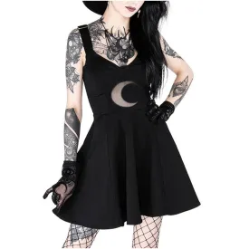 Gothic Moon Lace Black Dress, Elegant Witchy Sleeveless Mini Dress For Women
