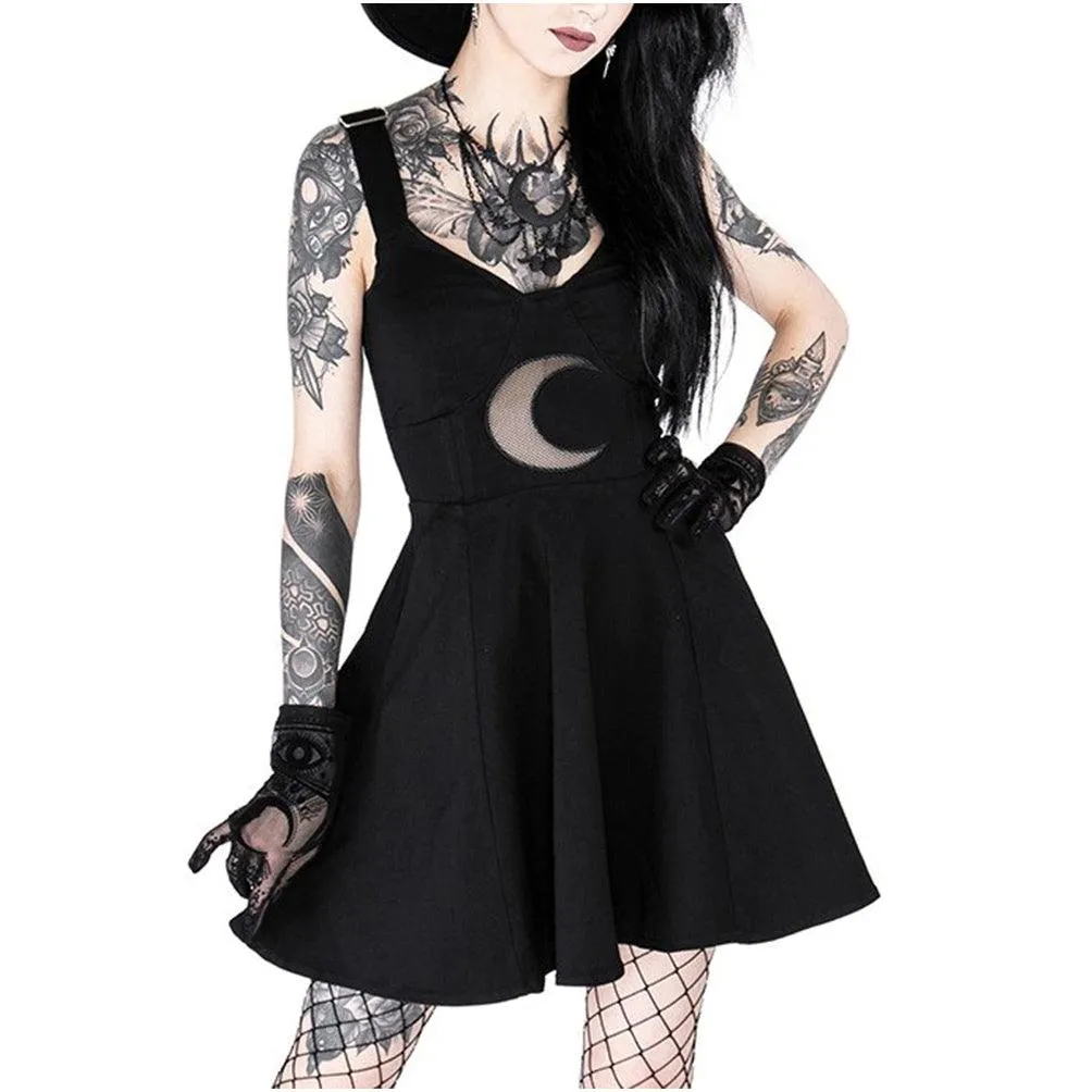 Gothic Moon Lace Black Dress, Elegant Witchy Sleeveless Mini Dress For Women