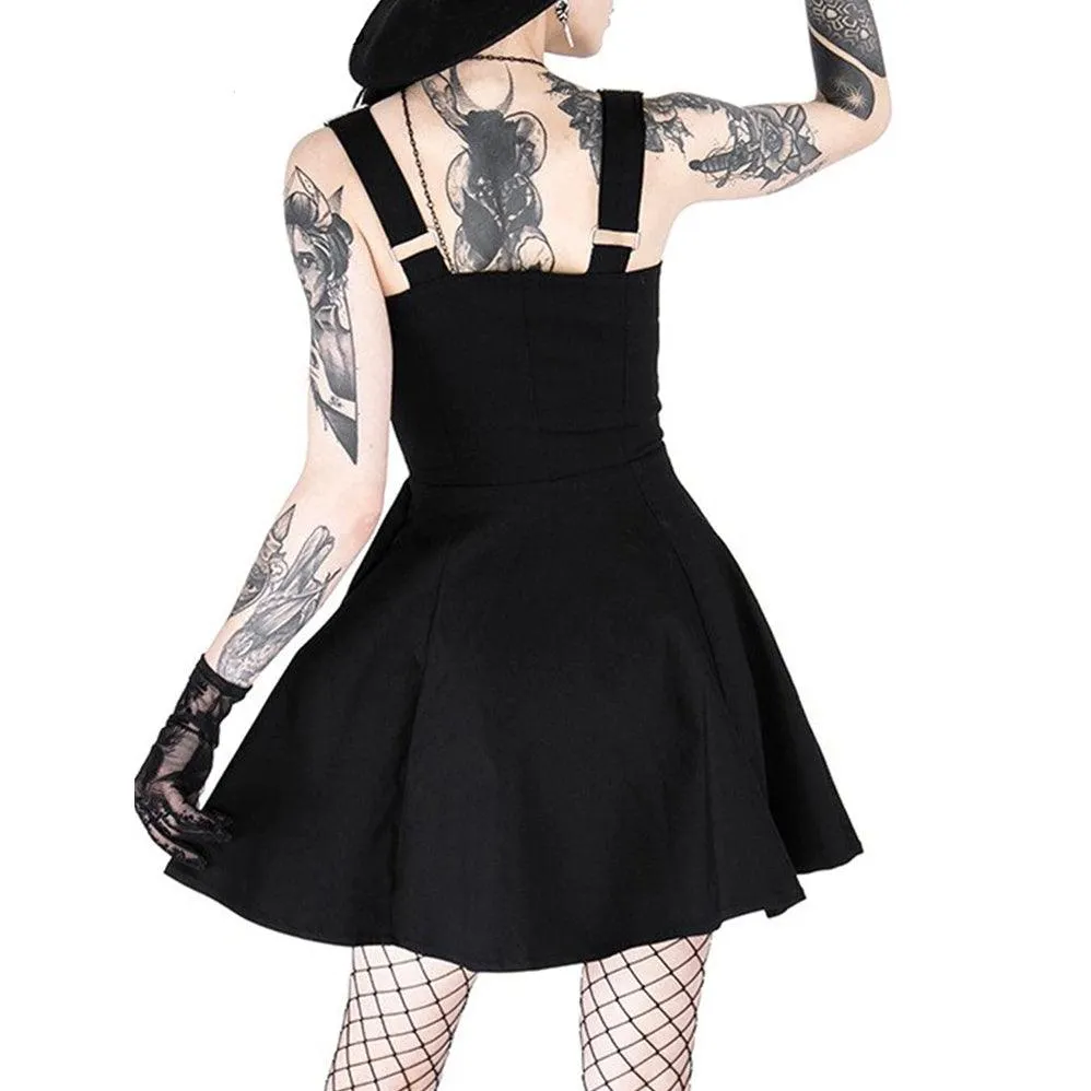Gothic Moon Lace Black Dress, Elegant Witchy Sleeveless Mini Dress For Women