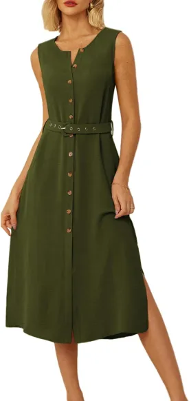 GRACE KARIN Women Casual Summer Dress 2025 Business Work Belted Sleeveless Button Down Shirt Midi Dresses with Pockets