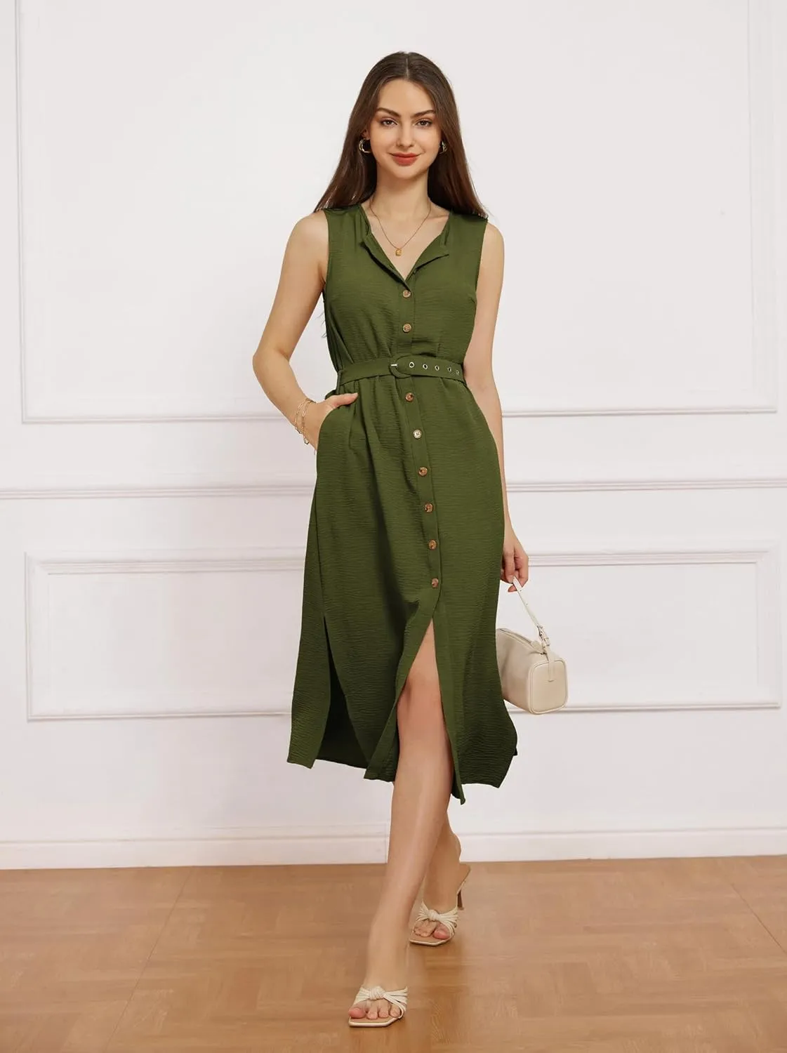 GRACE KARIN Women Casual Summer Dress 2025 Business Work Belted Sleeveless Button Down Shirt Midi Dresses with Pockets
