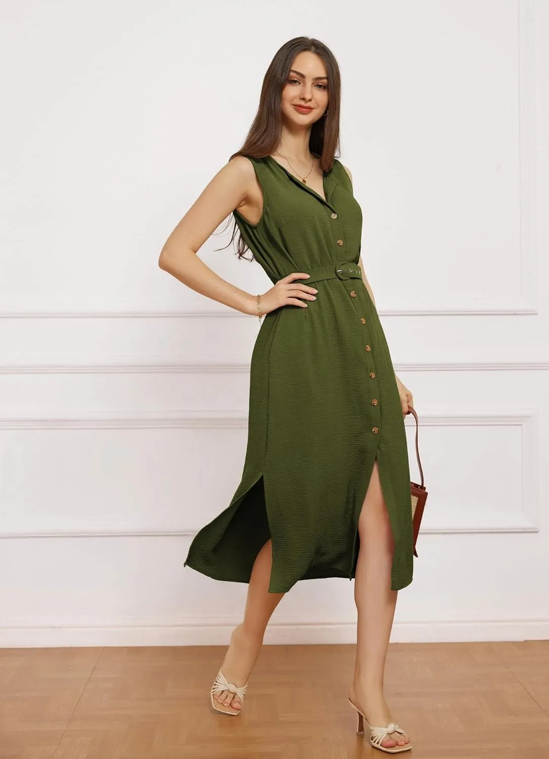 GRACE KARIN Women Casual Summer Dress 2025 Business Work Belted Sleeveless Button Down Shirt Midi Dresses with Pockets