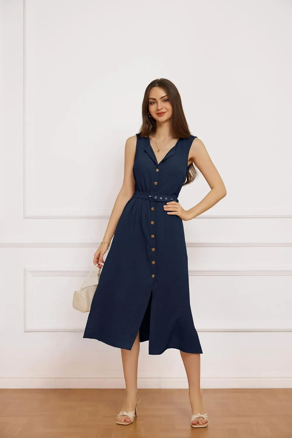GRACE KARIN Women Casual Summer Dress 2025 Business Work Belted Sleeveless Button Down Shirt Midi Dresses with Pockets