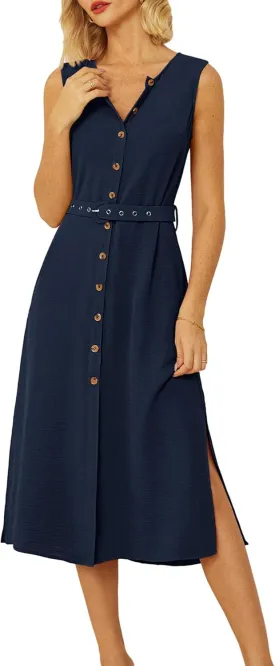 GRACE KARIN Women Casual Summer Dress 2025 Business Work Belted Sleeveless Button Down Shirt Midi Dresses with Pockets
