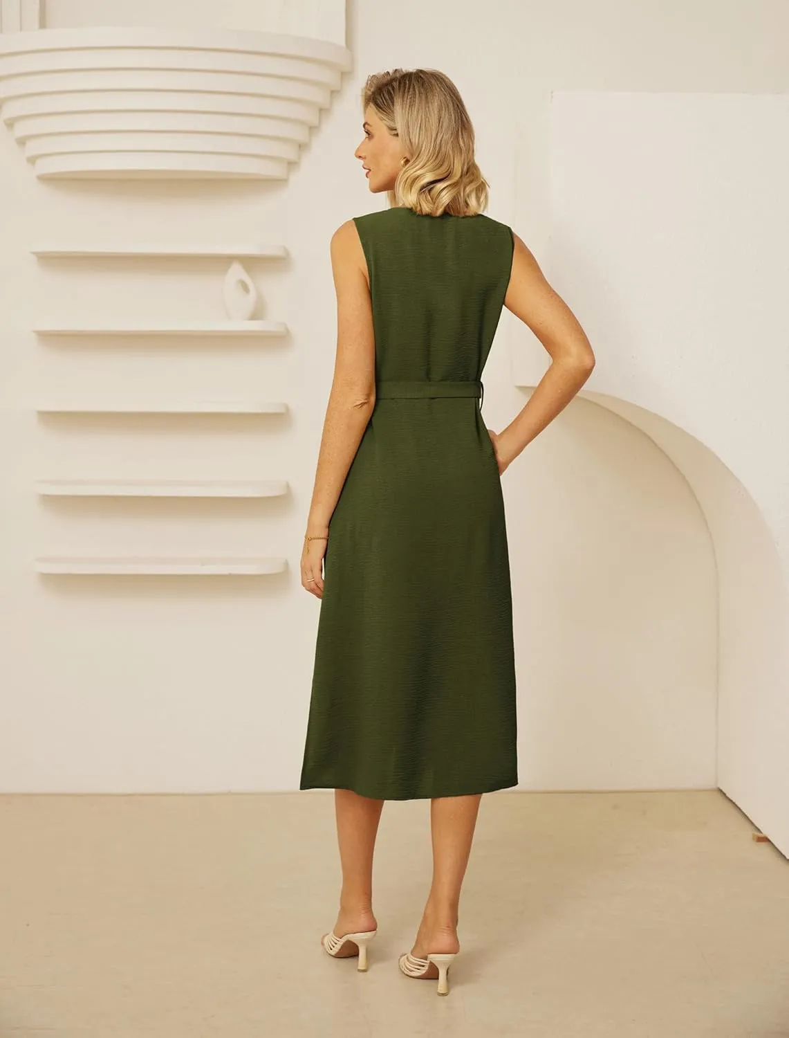 GRACE KARIN Women Casual Summer Dress 2025 Business Work Belted Sleeveless Button Down Shirt Midi Dresses with Pockets