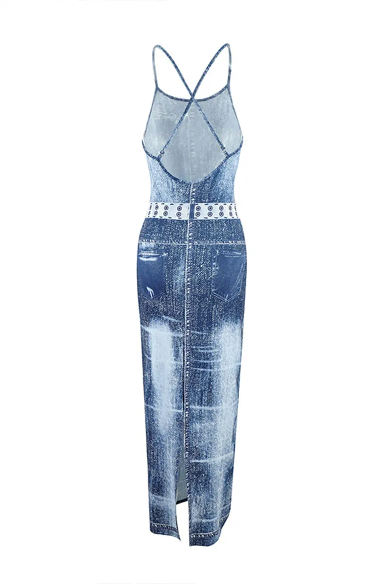 HBP3054 Denim Print Maxi Dress