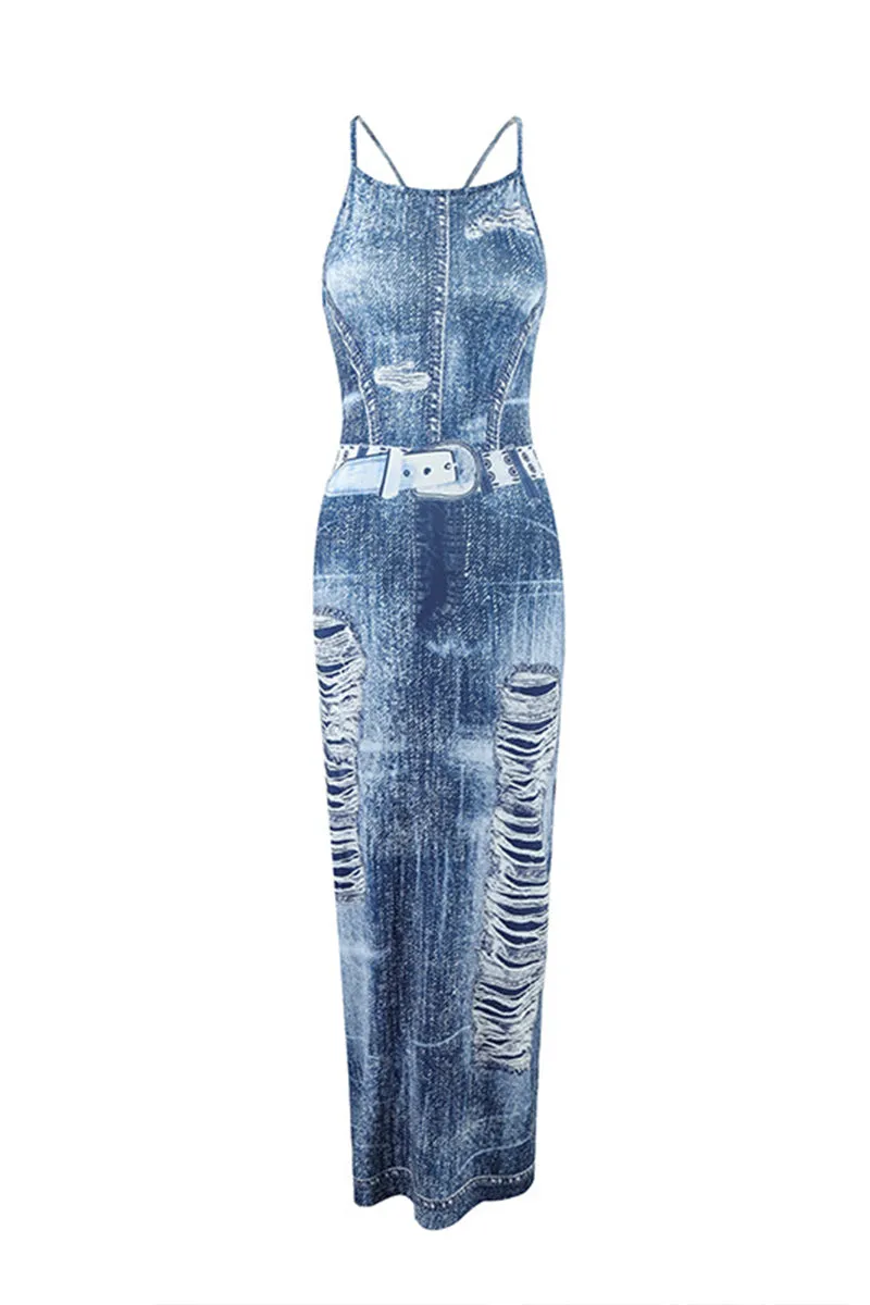 HBP3054 Denim Print Maxi Dress