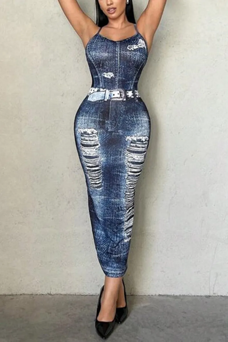 HBP3054 Denim Print Maxi Dress