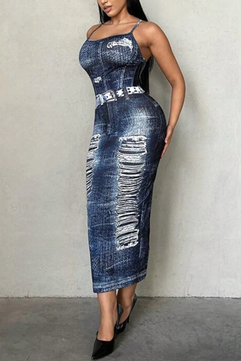 HBP3054 Denim Print Maxi Dress