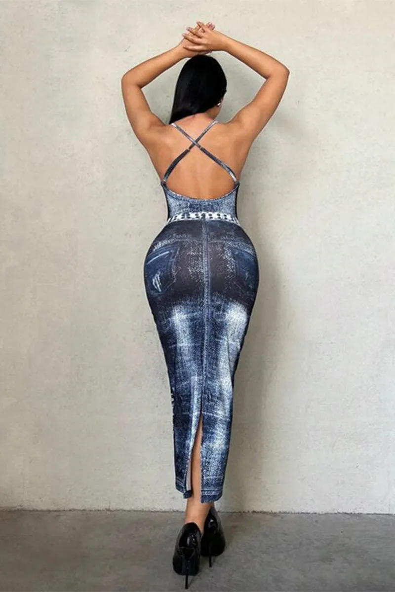 HBP3054 Denim Print Maxi Dress