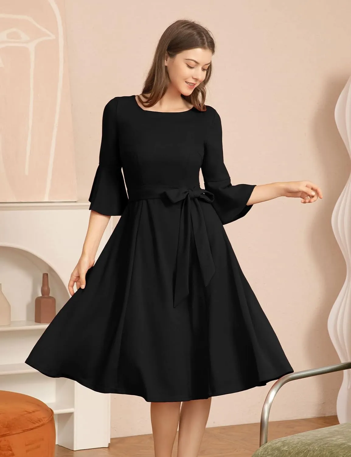 HomRain Women's Church Dresses for 2025 Wedding Guest Cocktail Tea Party Bell Sleeve Vintage Evening Graduation Dress