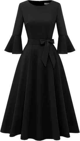 HomRain Women's Church Dresses for 2025 Wedding Guest Cocktail Tea Party Bell Sleeve Vintage Evening Graduation Dress