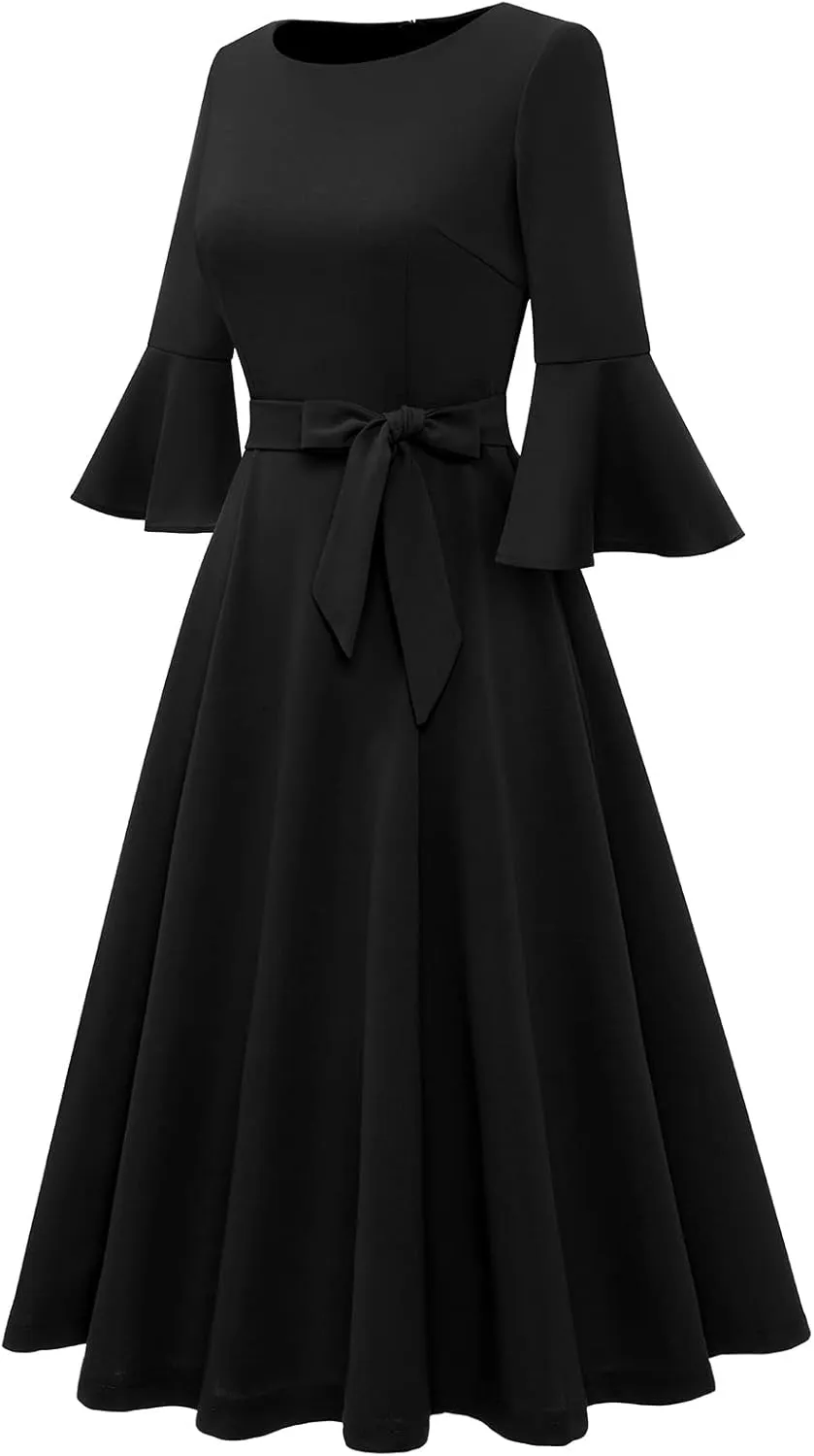 HomRain Women's Church Dresses for 2025 Wedding Guest Cocktail Tea Party Bell Sleeve Vintage Evening Graduation Dress