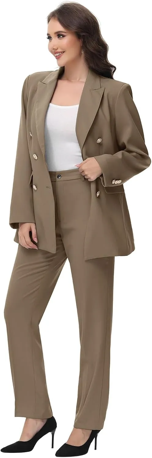 Lamgool Women Pants Suit Double Breasted 2 Piece Blazer Set Work Casual Jacket Outfits for Business