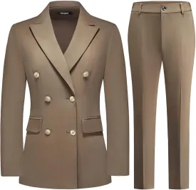 Lamgool Women Pants Suit Double Breasted 2 Piece Blazer Set Work Casual Jacket Outfits for Business