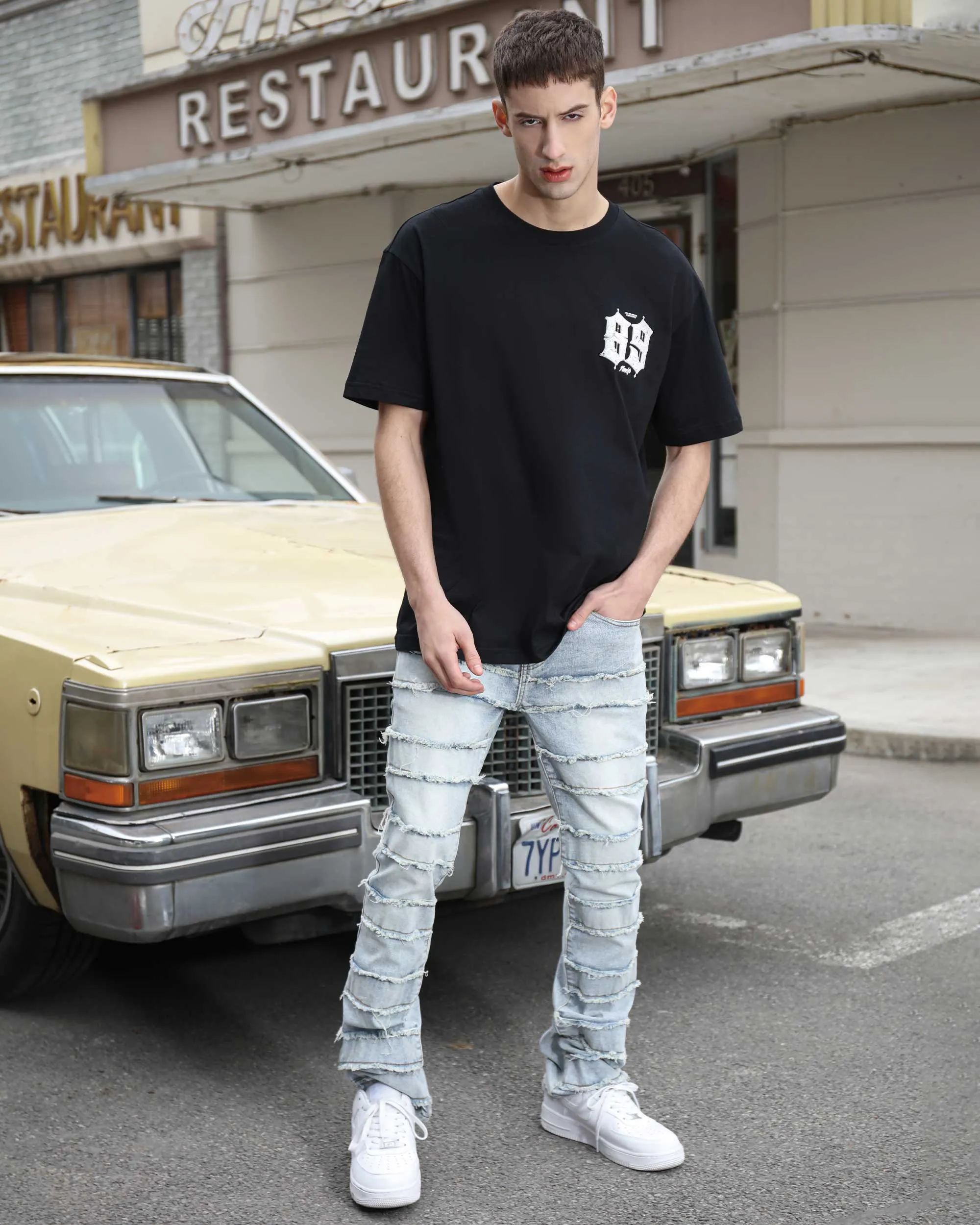 Light Wash Blue Layered and Ripped Stacked Jeans-Mexico Local Delivery
