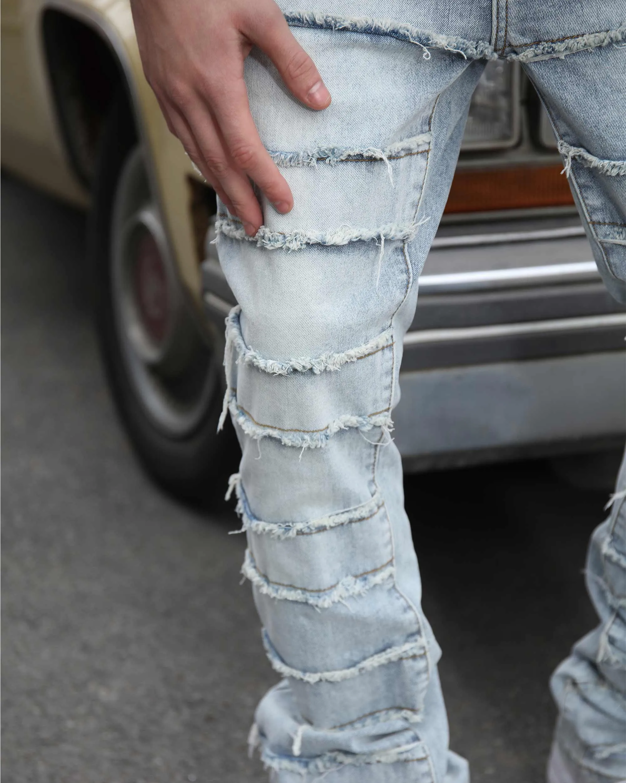 Light Wash Blue Layered and Ripped Stacked Jeans-Mexico Local Delivery