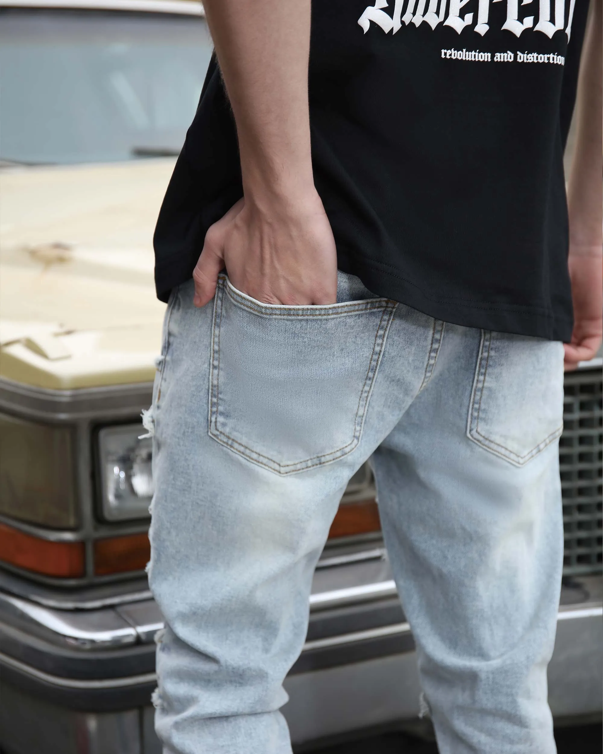 Light Wash Blue Layered and Ripped Stacked Jeans-Mexico Local Delivery