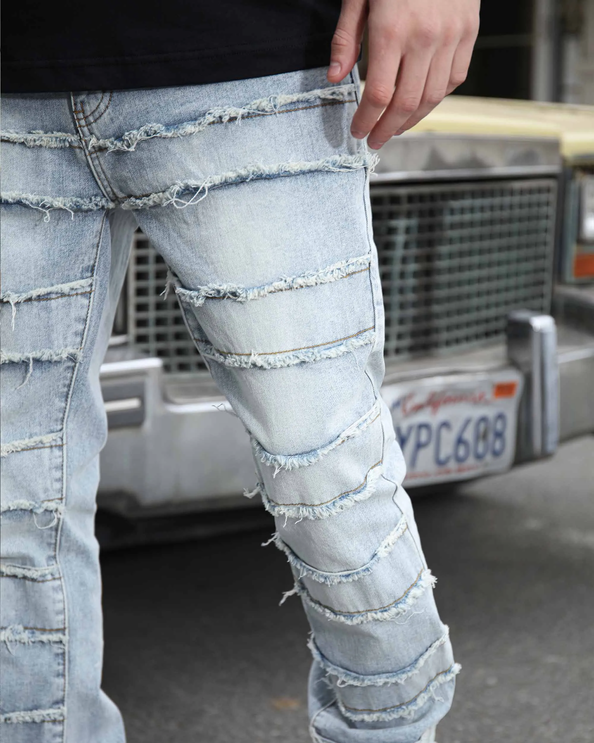 Light Wash Blue Layered and Ripped Stacked Jeans-Mexico Local Delivery