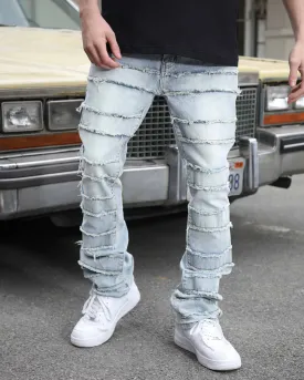 Light Wash Blue Layered and Ripped Stacked Jeans-Mexico Local Delivery