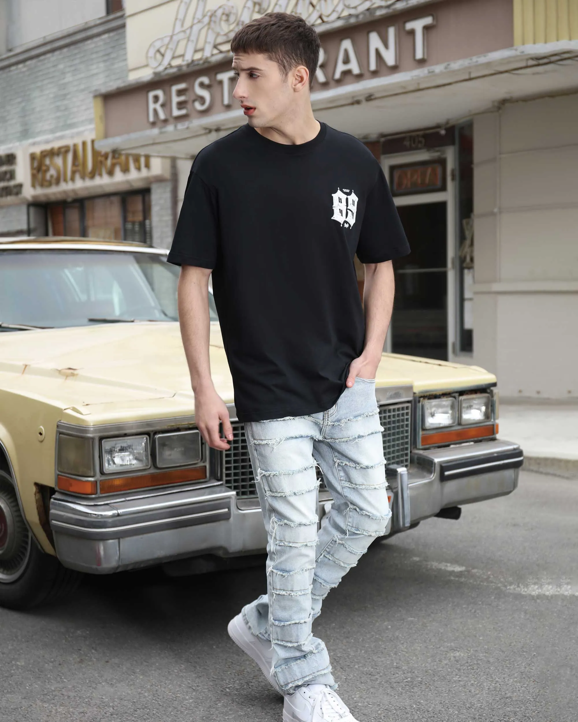 Light Wash Blue Layered and Ripped Stacked Jeans-Mexico Local Delivery