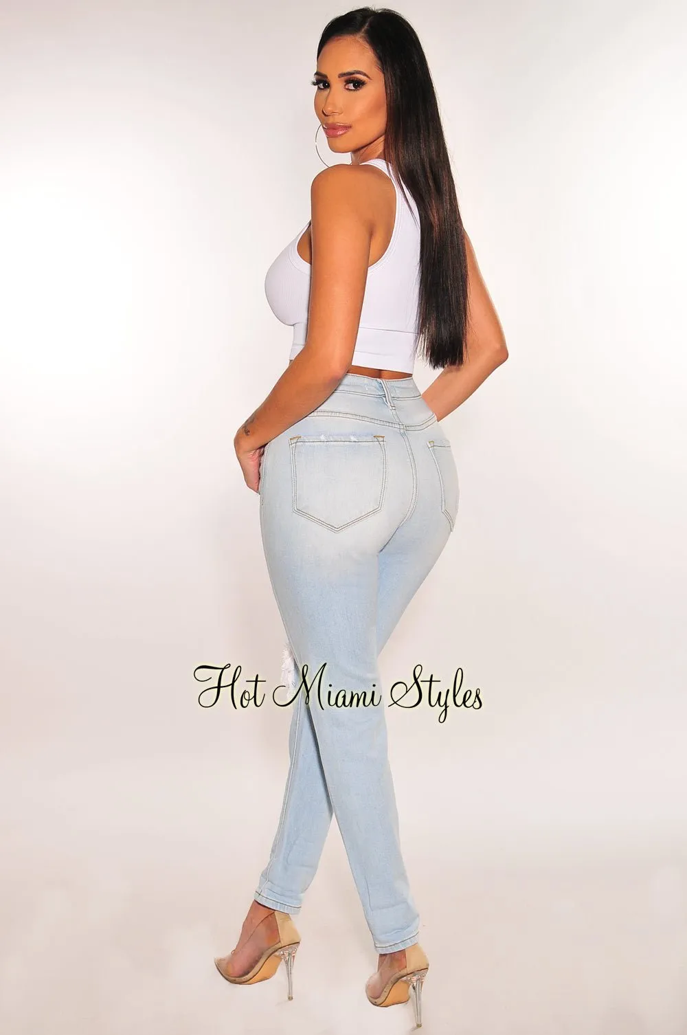 Light Wash Denim Ripped High Waist Jeans
