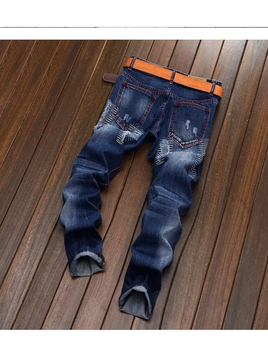 LONGBIDA Designer Destroyed Men Ripped Jeans Straight Leg Fashion
