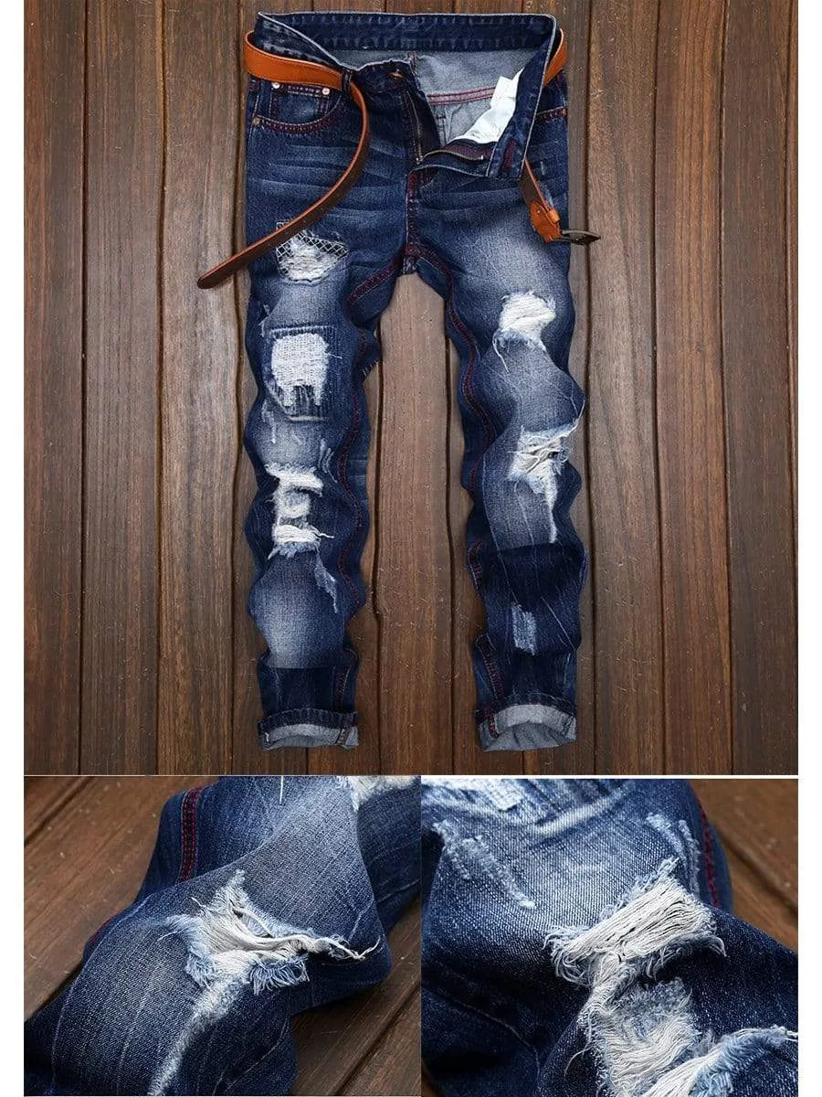 LONGBIDA Designer Destroyed Men Ripped Jeans Straight Leg Fashion