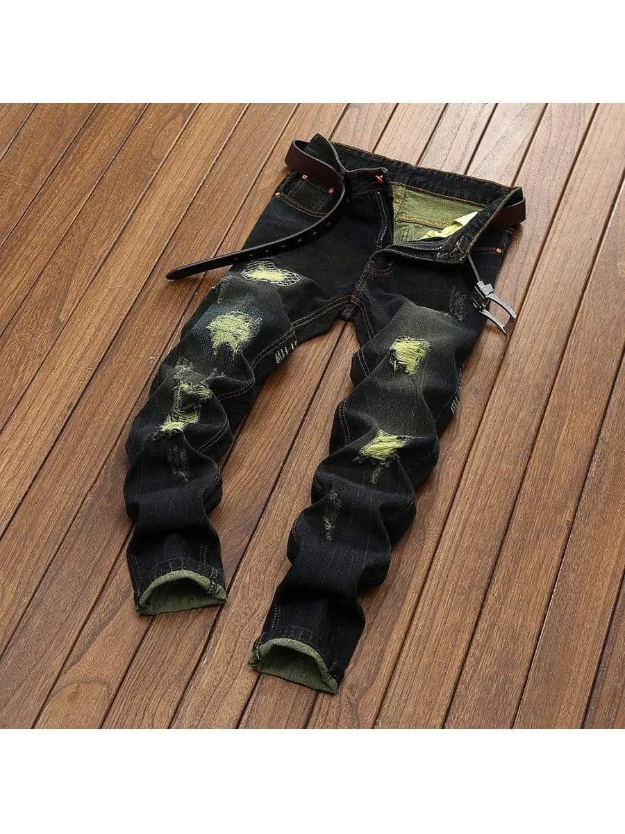 LONGBIDA Designer Destroyed Men Ripped Jeans Straight Leg Fashion