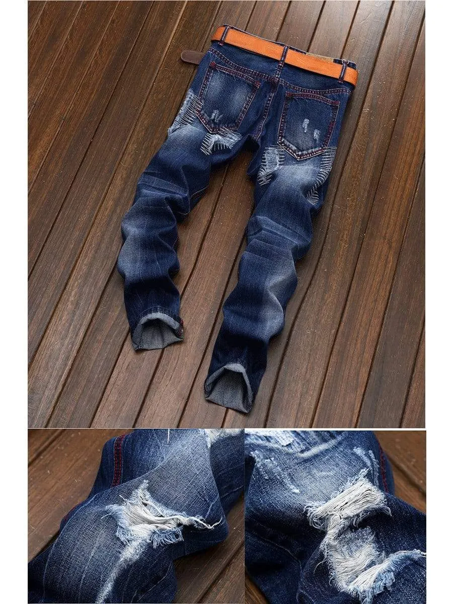 LONGBIDA Designer Destroyed Men Ripped Jeans Straight Leg Fashion