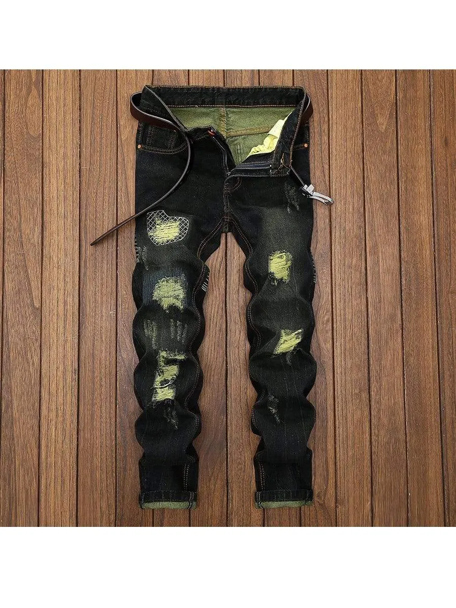 LONGBIDA Designer Destroyed Men Ripped Jeans Straight Leg Fashion