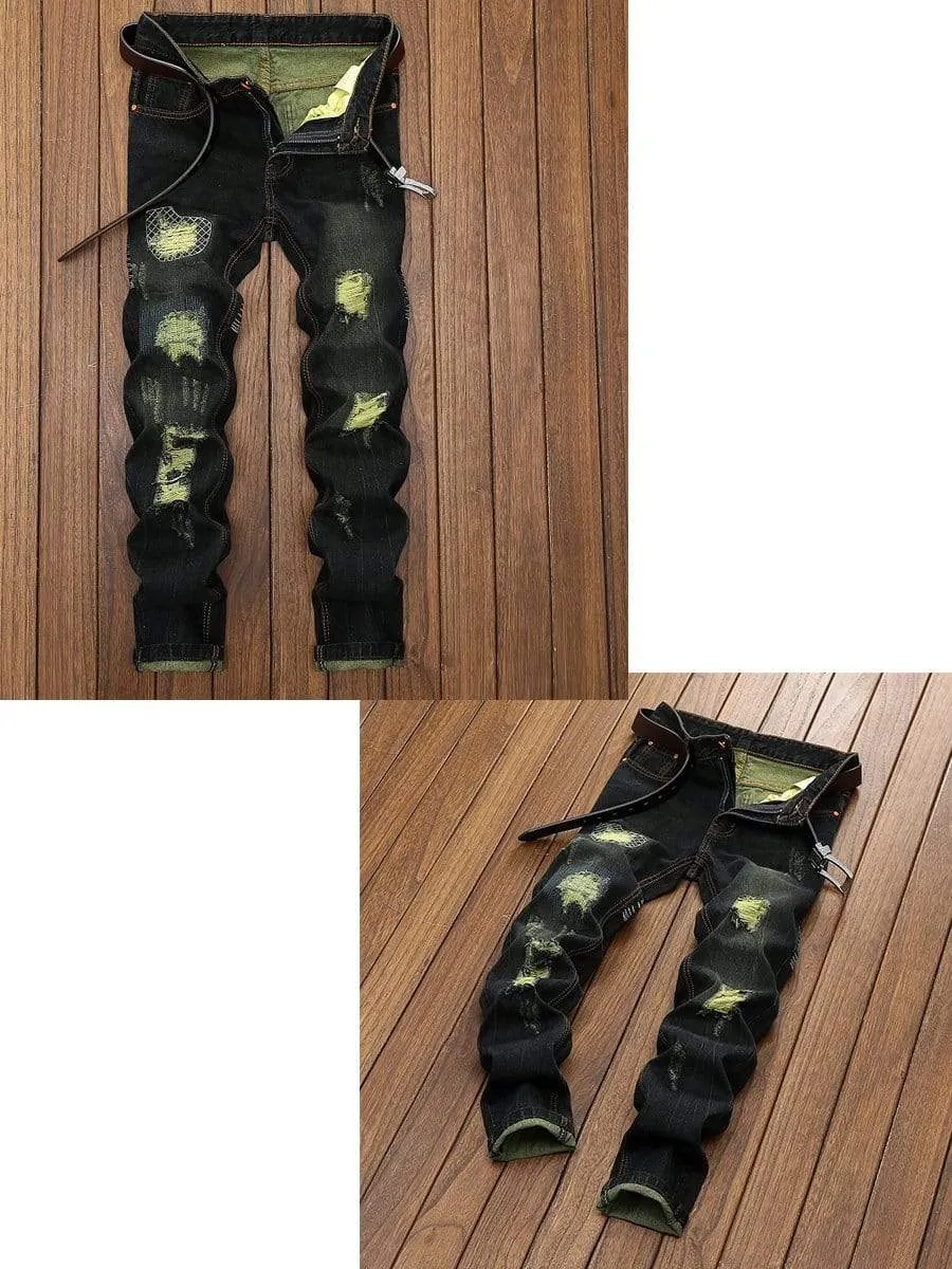 LONGBIDA Designer Destroyed Men Ripped Jeans Straight Leg Fashion