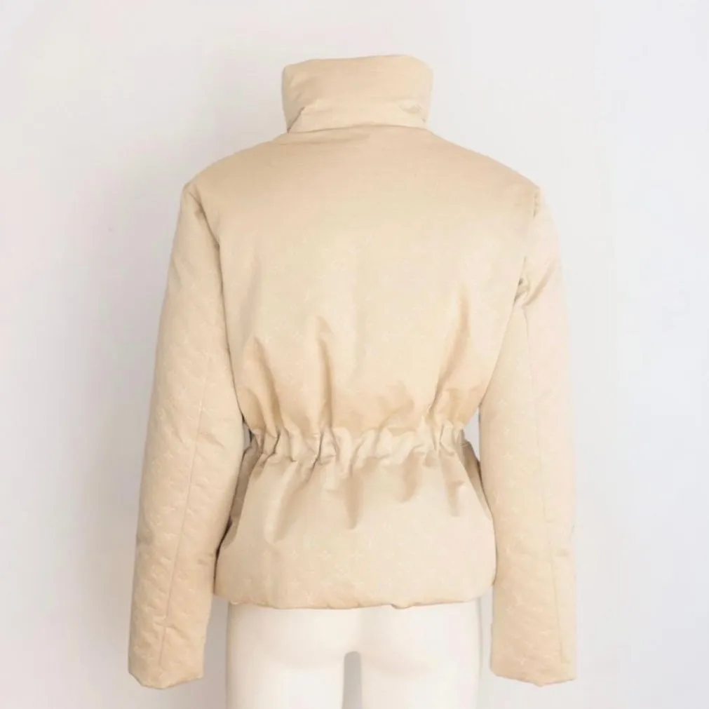 LOUIS VUITTON - BEIGE MONOGRAM PUFFER JACKET WITH BLACK LEATHER BELT SIZE 36 FR